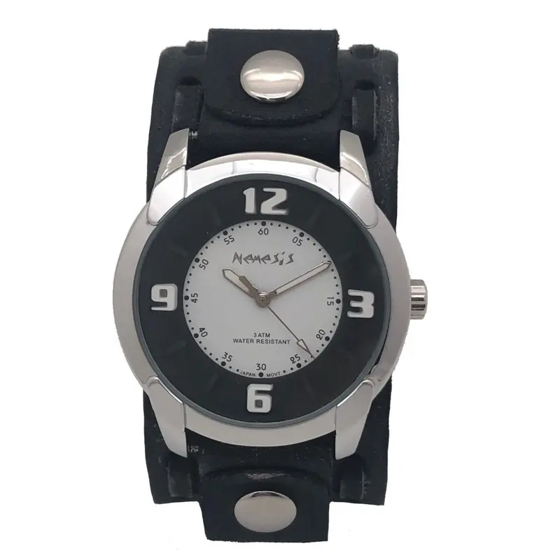 3D Embossed Black And White Watch With Dash-Perforated Distressed Black Leather Strap 1