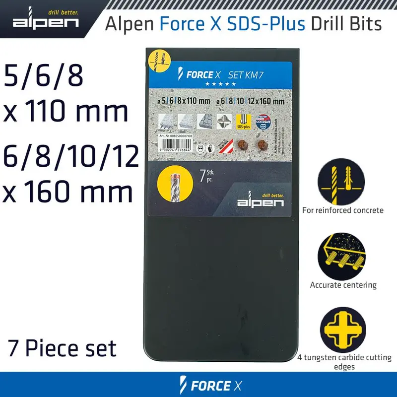Alpen Force X Km7 Sds-Plus Drill Bit Set – 7-Piece, Dual-Length (110Mm & 210Mm) Range 1