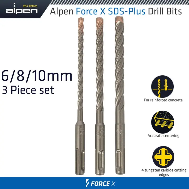 Alpen Force X Sds-Plus Drill Bit Trio – 3-Piece, 6, 8, And 10 Mm × 160 Mm 1