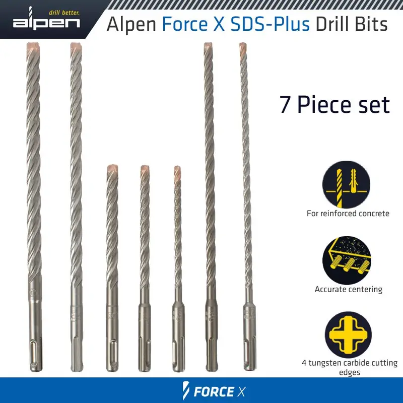 Alpen Force X Sds-Plus Mixed Drill Bit Set – 7-Piece, Includes 6.0, 8.0, And 10.0 Mm × 160 Mm Bits 1