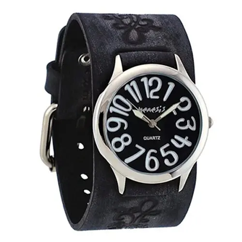 Always Summer Floral-Detail Black Watch For Women – Distressed Black Leather Cuff (Vfb108K) 1