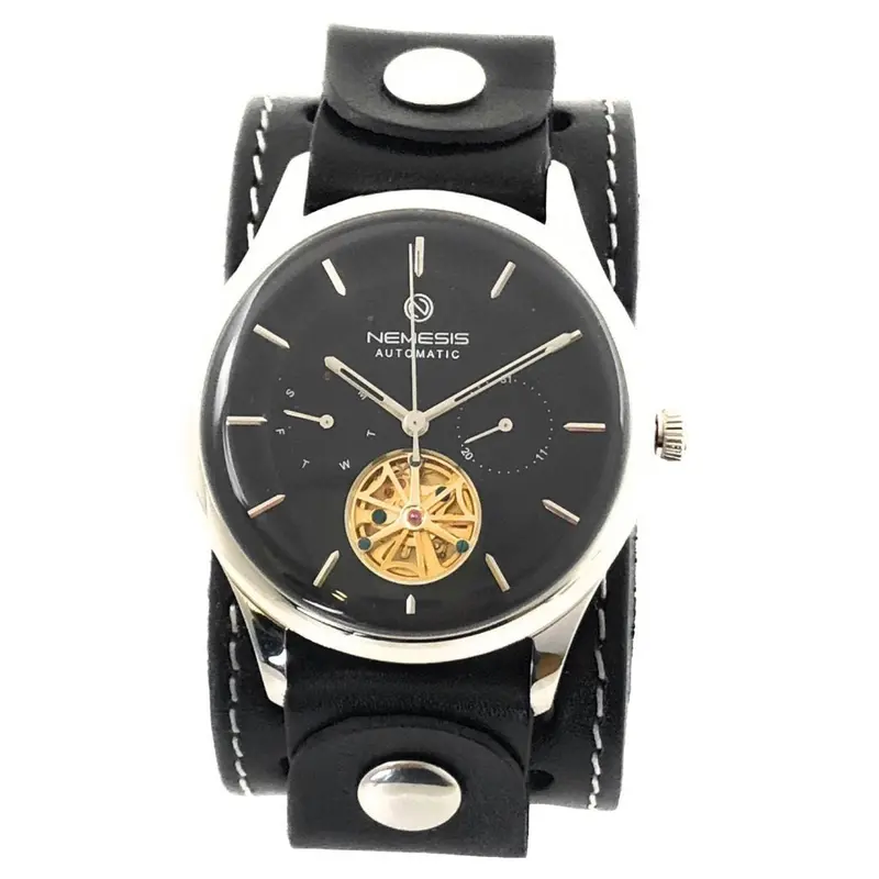 Black-And-Silver Tourbillon Watch Featuring Stitched Black Leather Strap 1