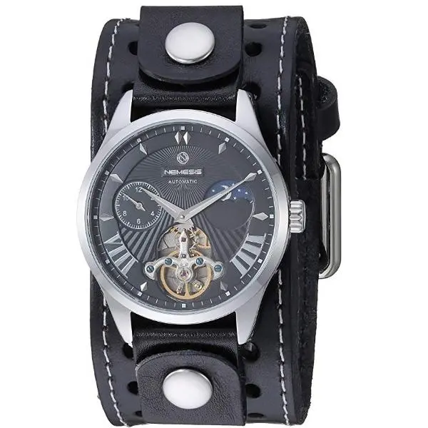 Black-And-Silver Tourbillon Watch With Stitched Black Leather Cuff 1