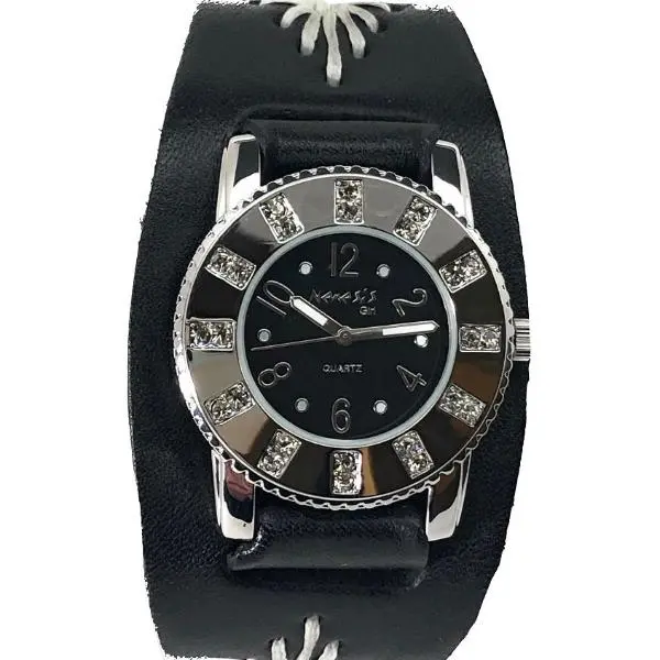 Black Crystal Showgirls Ladies Watch With Diamond-Stitched Black Leather Cuff Bf311K 1