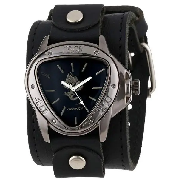 Black Leather Cuff Paired With Silver Dragon Gunmetal Watch 1
