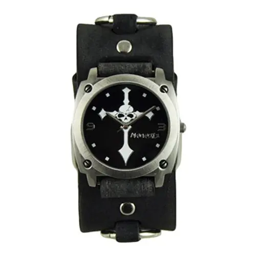 Black Skull Motif Watch With Faded Black Ring Leather Cuff 1