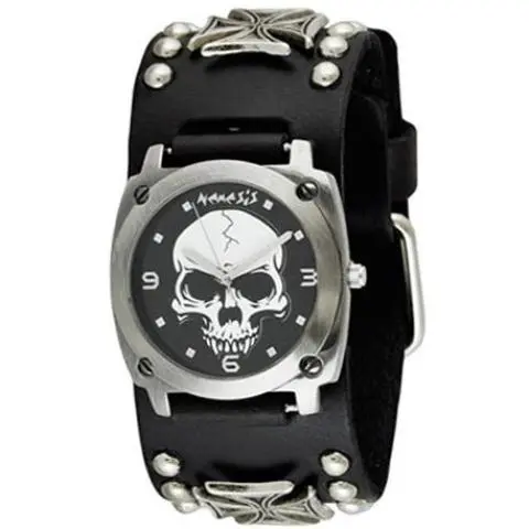 Black Skull-Themed Watch With Iron Cross–Adorned Studded Leather Cuff 1