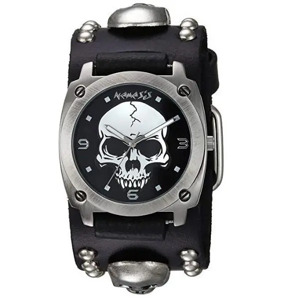 Black Skull-Themed Watch With Studded Black Leather Cuff Bracelet 1