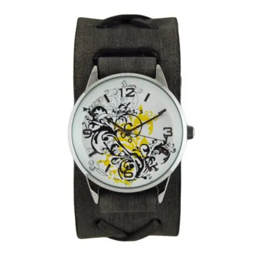 Botanical Yellow Watch With X-Embossed Distressed Black Leather Cuff 1
