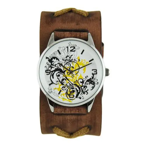 Botanical Yellow Watch With X-Embossed Distressed Brown Leather Cuff 1