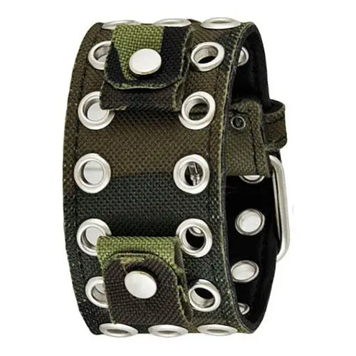 Camouflage Green Leather Watch Cuff With Eyelet Accents – Women'S Style 1