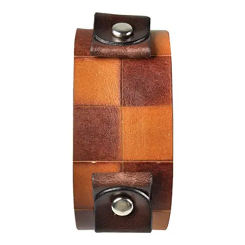 Checkered Brown-And-Khaki Leather Cuff With Geometric Visual Interest 1