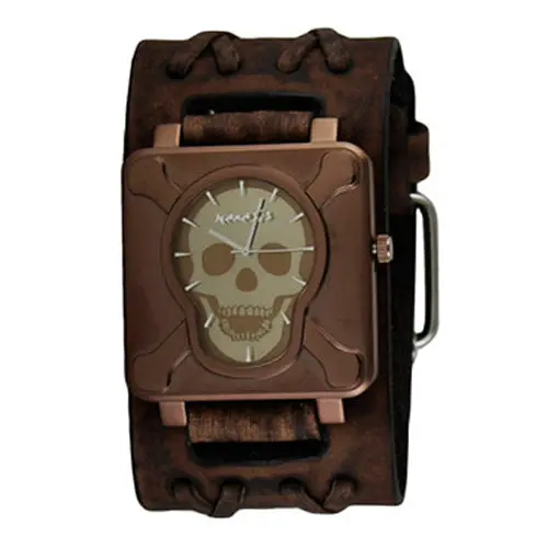 Copper Cross Bones Skull Watch With Distressed Dark Brown Leather Wide Cuff Bvdxb930B 1