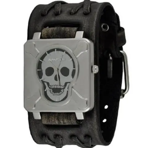 Crossbones Skull Black Watch With Double-X Distressed Black Leather Cuff (Vdxb930K) 1