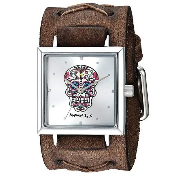 Day Of The Dead Gradient Skull Watch In Silver With Distressed Brown Leather Cuff 1