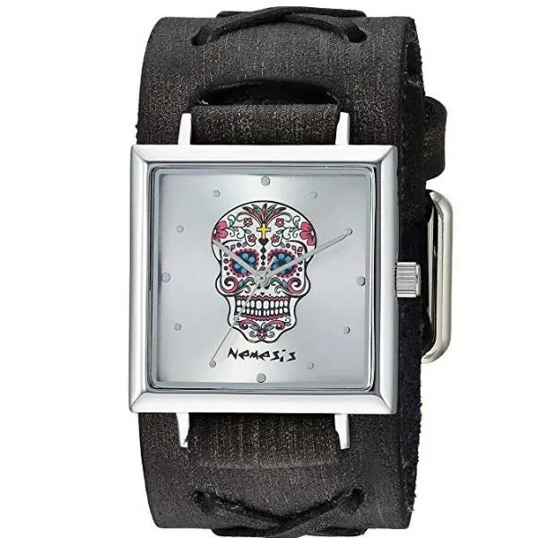 Day Of The Dead Skull Gradient Silver Watch With X-Embossed Distressed Black Leather Cuff – Fxb955S 1