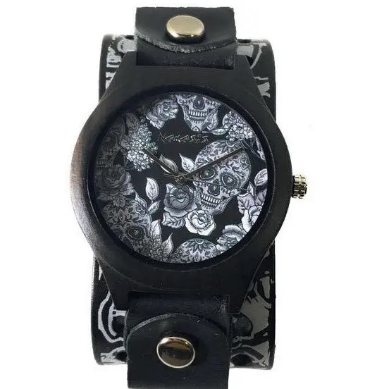 Day Of The Dead Wooden Watch With Skull-Embellished Black Leather Cuff – Msk263 1