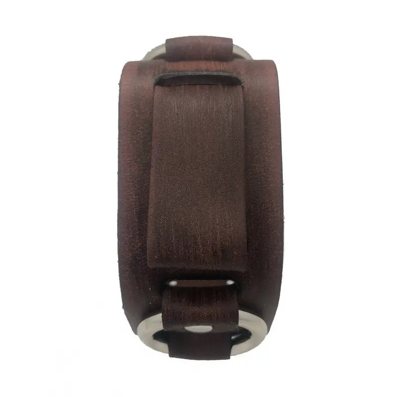 Distressed Brown Leather Cuff Bracelet With Decorative Ring Accent 1