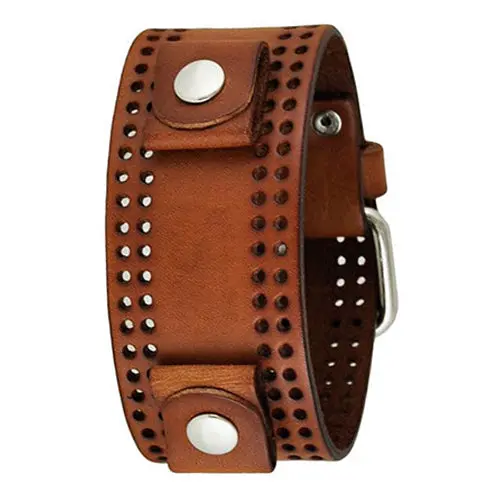 Double-Perforated Khaki Leather Cuff With Refined Edge Detail (Plb-B) 1