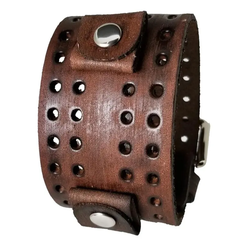 Double-Perforated Wide Distressed Brown Leather Cuff (Vlh-B) 1