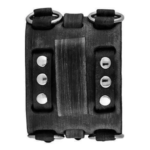 Double-Ring Distressed Charcoal Triple-Strap Leather Cuff Bracelet 1