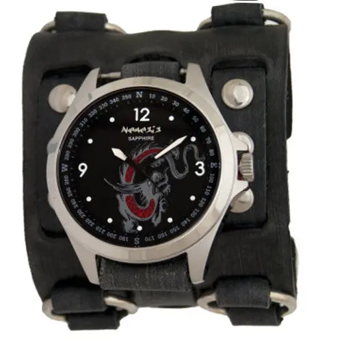 Dragon-Themed Black Watch With Sapphire Crystal And Triple-Strap Distressed Black Leather Cuff (Fwb250D) 1