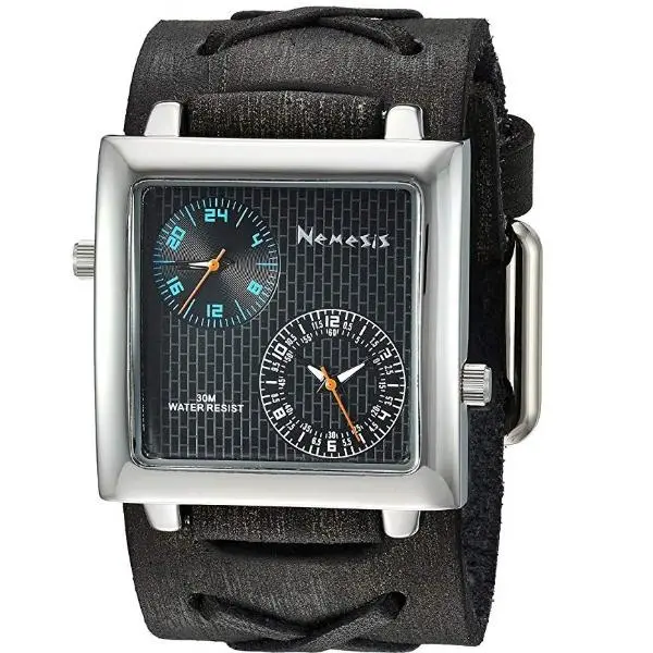Dual Time Sq Black And Blue Watch With X-Stamped Distressed Black Leather Cuff 1
