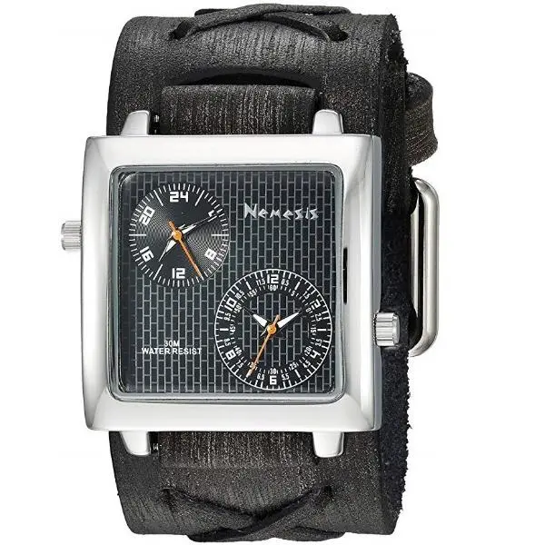 Dual Time Sq Black Watch With Bold X-Textured Distressed Black Leather Band 1