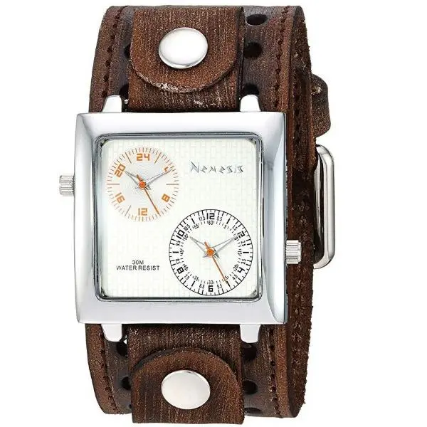 Dual Time Sq White And Orange Watch With Perforated Brown Leather Strap 1
