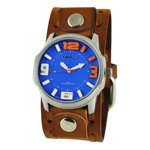 Embossed 3D Blue Dial Watch With Stitched Khaki Leather Cuff 1