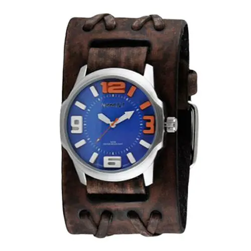 Embossed 3D Blue Watch With Wide Distressed Brown Leather Band 1