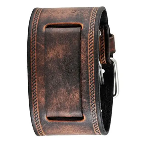 Embossed Distressed Brown Leather Wide Cuff With Double Stitching 1