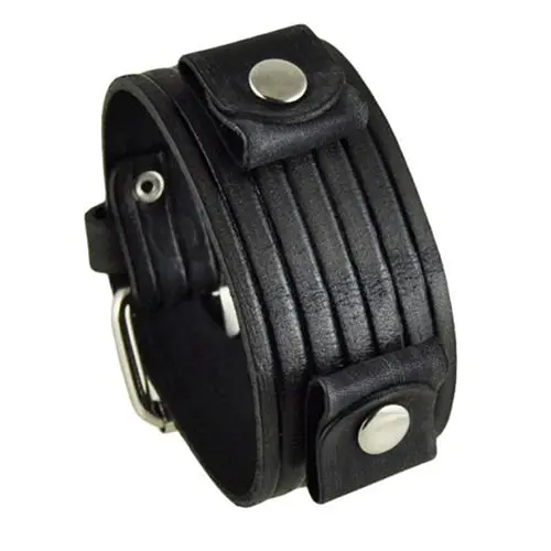 Embossed Stripe Detail Black Leather Ladies Cuff 1