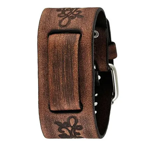 Floral-Embossed Distressed Brown Leather Cuff For Women 1