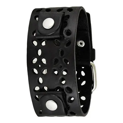 Floral-Perforated Black Leather Cuff With Elegant Negative-Space Design 1