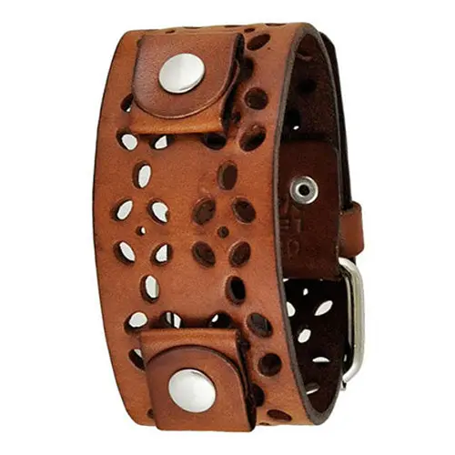Floral-Perforated Khaki Leather Cuff With Artisan Craftsmanship 1
