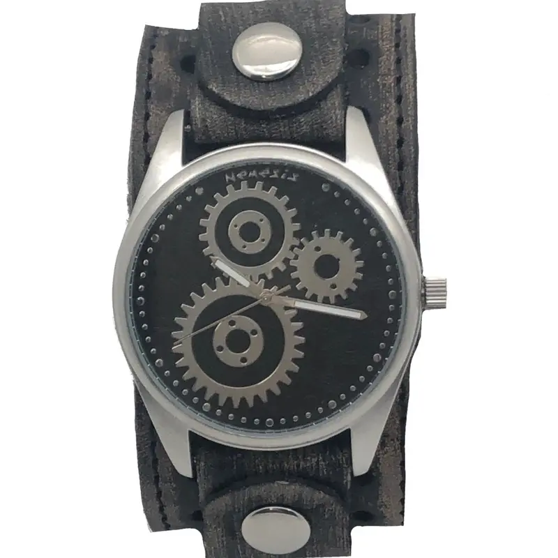 Geared Black Watch With Stitched And Perforated Distressed Black Leather Strap – Vbs112K 1