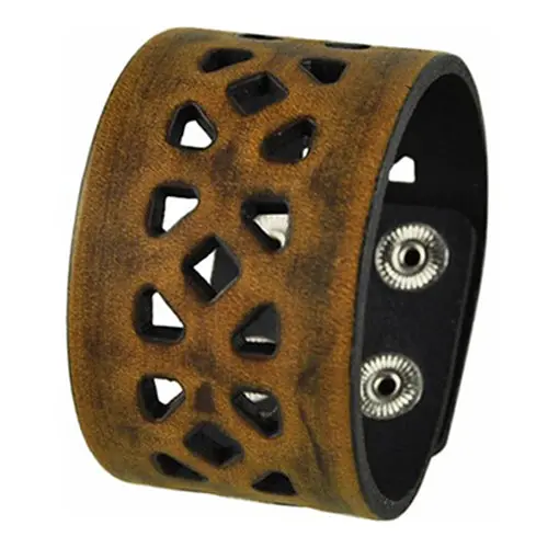 Geometric Cube-Pattern Brown Leather Snap Cuff Band 1