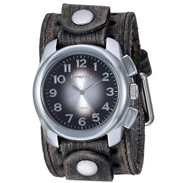Gradient Black-To-Grey Dial Watch With Distressed Brown Vintage Leather Cuff 1