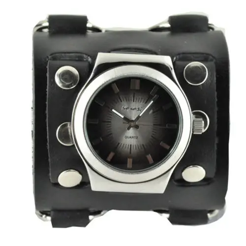 Gradient Black-To-Grey Watch With Bullet Ring & Triple-Strap Charcoal Leather Cuff 1