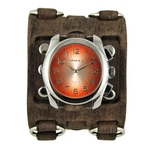 Gradient Orange-To-Silver Watch With Bullet Ring & Triple-Strap Distressed Brown Leather Cuff 1
