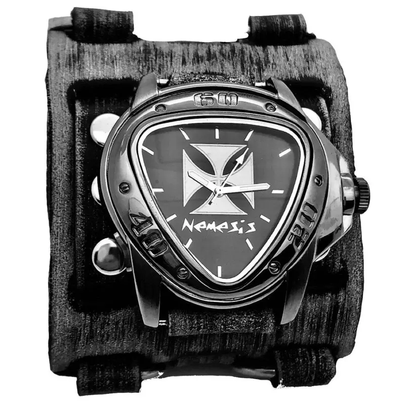 Gunmetal Iron Cross Watch With Wide Faded Black Detail Leather Cuff Fwb938Ic 1
