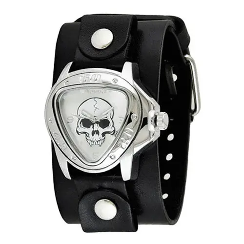 Heavy-Duty Silver Skull Triangle Watch With Extra-Wide Black Leather Cuff Lbbn936S 1