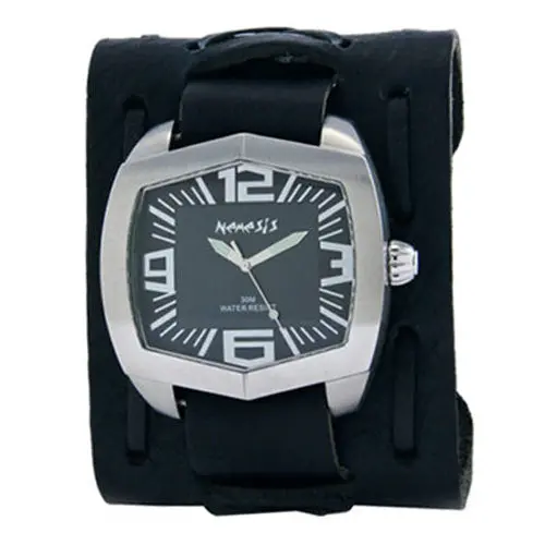 Hexagon Black Watch With Wide X-Embossed Black Leather Cuff 1