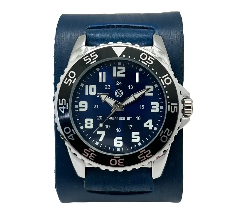 Hybrid Blue/White Diver Watch With Distressed Blue Wide Leather Band 1
