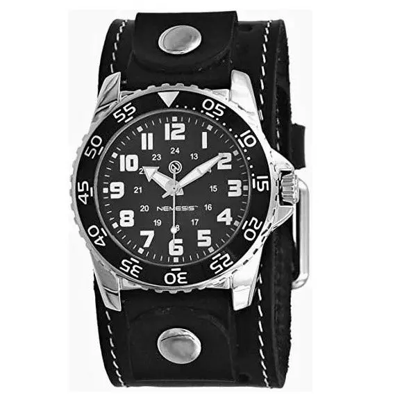 Hybrid Diver Black-And-White Watch With Wide Stitched Black Leather Cuff Sth257K 1