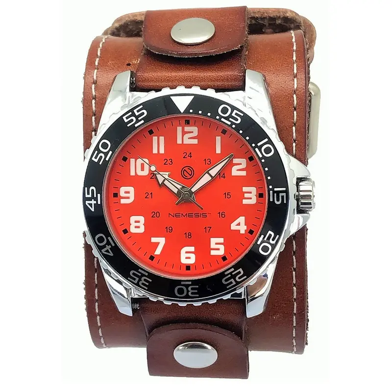 Hybrid Diver Blood Orange-And-White Watch With Wide Khaki Leather Cuff Blbb257N 1