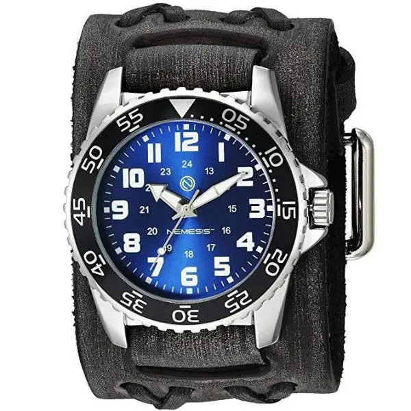 Hybrid Diver Watch – Blue/White Dial, Double-X Distressed Black Wide Leather Cuff 1