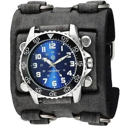 Hybrid Diver Watch – Blue/White Dial, Ring-Distressed Dark Brown Triple-Strap Leather Cuff 1