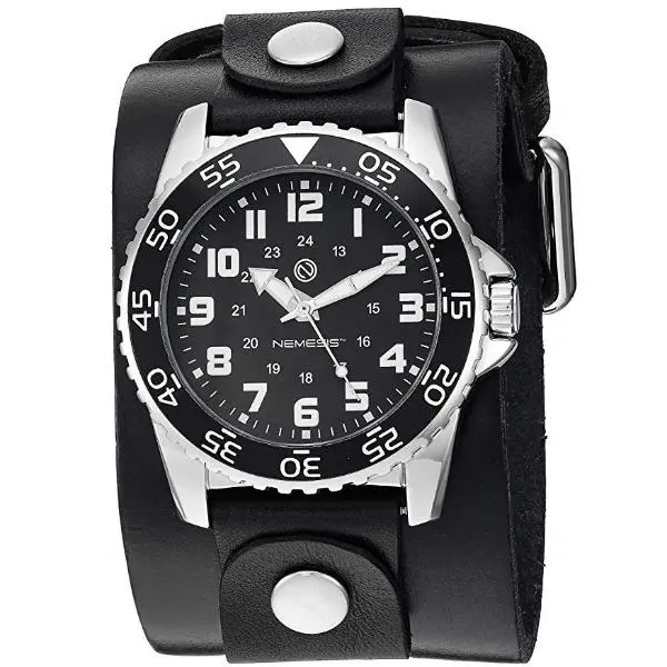 Hybrid Diver Watch In Black And White With Black Wide Leather Cuff 1
